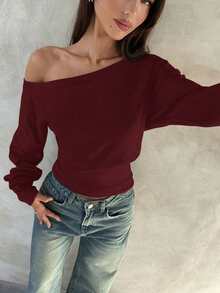 Aloruh 杏色针织不对称肩部长袖上衣，女士秋冬款 - 酒紅色 - 查看 6