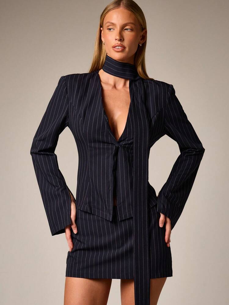 Navy Pinstripe Blazer With Cinched Waist
