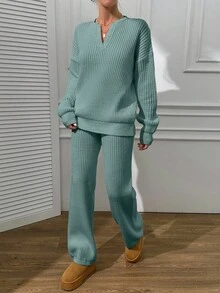EURMUSE V Neck Sweater And Pant Casual Elegant - Mint Green - View 5