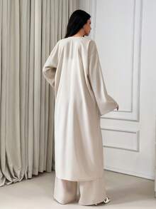 EURMUSE 三件套亚麻套装，飘逸和服式罩衫，阔腿裤，露脐上衣，柔软透气面料，优雅度假风，舒适时尚，轻松打造夏日造型 - 米色 - 查看 2