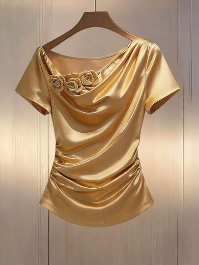 SHEIN Franclia 女士亮面T恤，修身，优雅，适合派对，3D立体花卉图案，褶皱不对称领口新款T恤