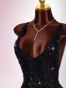 Amplova Sexy Backless Deep V-Neck Mini Bodycon Party Dress Sparkly Black Dress - Black - View 4