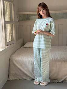 DAZY Teen Girl Striped Short Sleeve Top And Pants Pajama Set Spring - Green - View 4