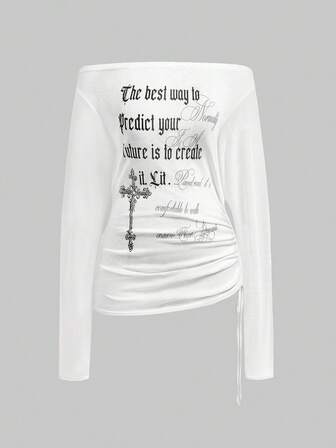 ROMWE Avant Maglietta a maniche lunghe trasparente da donna taglie forti, stile vintage Y2K, con stampa asimmetrica di croci e lettere, romantica e punk