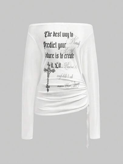 ROMWE Avant Maglietta a maniche lunghe trasparente da donna taglie forti, stile vintage Y2K, con stampa asimmetrica di croci e lettere, romantica e punk