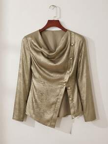 Modelyn Blusa elegante de mujer con textura de metal, cuello solapa y diseño de botones de manga larga - Dorado - Ver 1