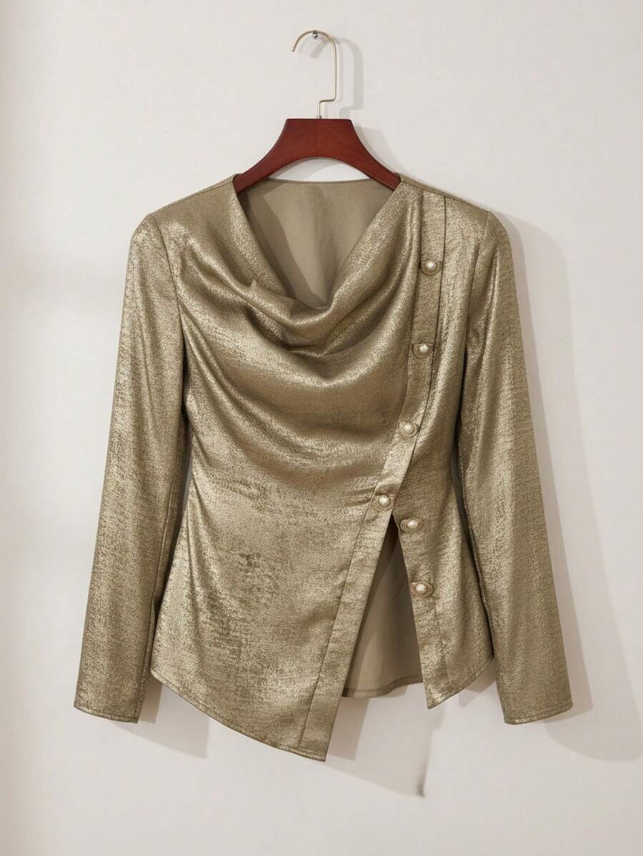 Modelyn Blusa elegante de mujer con textura de metal, cuello solapa y diseño de botones de manga larga - Dorado - Ver 1