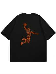 Versatile Baggy Short Sleeve T-Shirt With Fun Basketball Print, Ideal For Vacation, Work And Use - 黑色5 - 查看 3