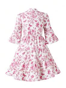 Vestido casual para meninas pré-adolescentes com estampa floral e de borboletas, decote vazado, mangas com babados e barra em camadas, ideal para férias na primavera/verão/outono. - Rosa - Ver 2