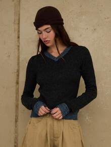 COUREZ 缩水V领套头衫/Y2K秋冬女装休闲外出上衣女式冬季毛衣新年穿搭 - 黑色 - 查看 5