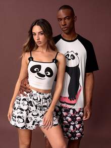 Kung Fu Panda X SHEIN Bộ đồ ngủ nữ in hình gấu trúc, áo croptop không tay và quần short, thích hợp cho mùa hè. - Đen và trắng - Xem 3