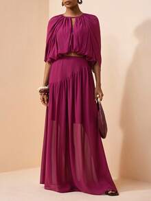 Zivah 新款春夏波西米亚度假风紫红色郁金香短款披肩上衣搭配长款荷叶边半裙两件套。适合约会、情人节、日常出行、旅行、度假、海滩、婚礼季、婚礼宾客、早午餐、机场穿搭等场合。融合了西部风情、游牧风和波西米亚风。 - 中紫紅色 - 查看 5