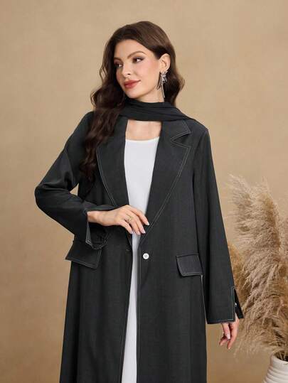 Al Najma Women's Retro Topstitching Windbreaker, Lapel Single-Breasted Loose Long Robe For Daily Wear Abayas
