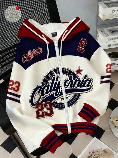 SHEIN EZwear 女士休闲街头风格宽松连帽衫，拼色设计，适合秋冬季