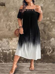 Breezaya Plus Size Women's Long Versatile Printed Fashion Off Shoulder Dress - Multicolor - View 4