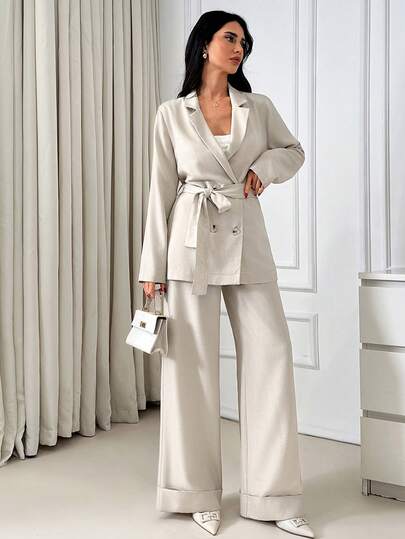 EURMUSE Linen Suit Set, Relaxed Fit Blazer, Tie-Waist Detail, Wide Leg Trousers, Double-Breasted Jacket, Neutral, Summer Business Casual, Resort Style, Linen Cotton Fabric Fake Linen