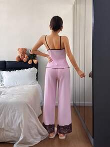Dream Adore 女士撞色蕾丝拼接吊带背心和裤子睡衣套装 - 粉色 - 查看 2