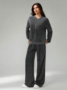 SHEIN Tall Casual Washed Snow Flake Baseball Jacket And Relaxed Fit Pants Set/Summer And Summer Co Ords Sets Women Lounge Wear Track Suits For Women - Black - View 10