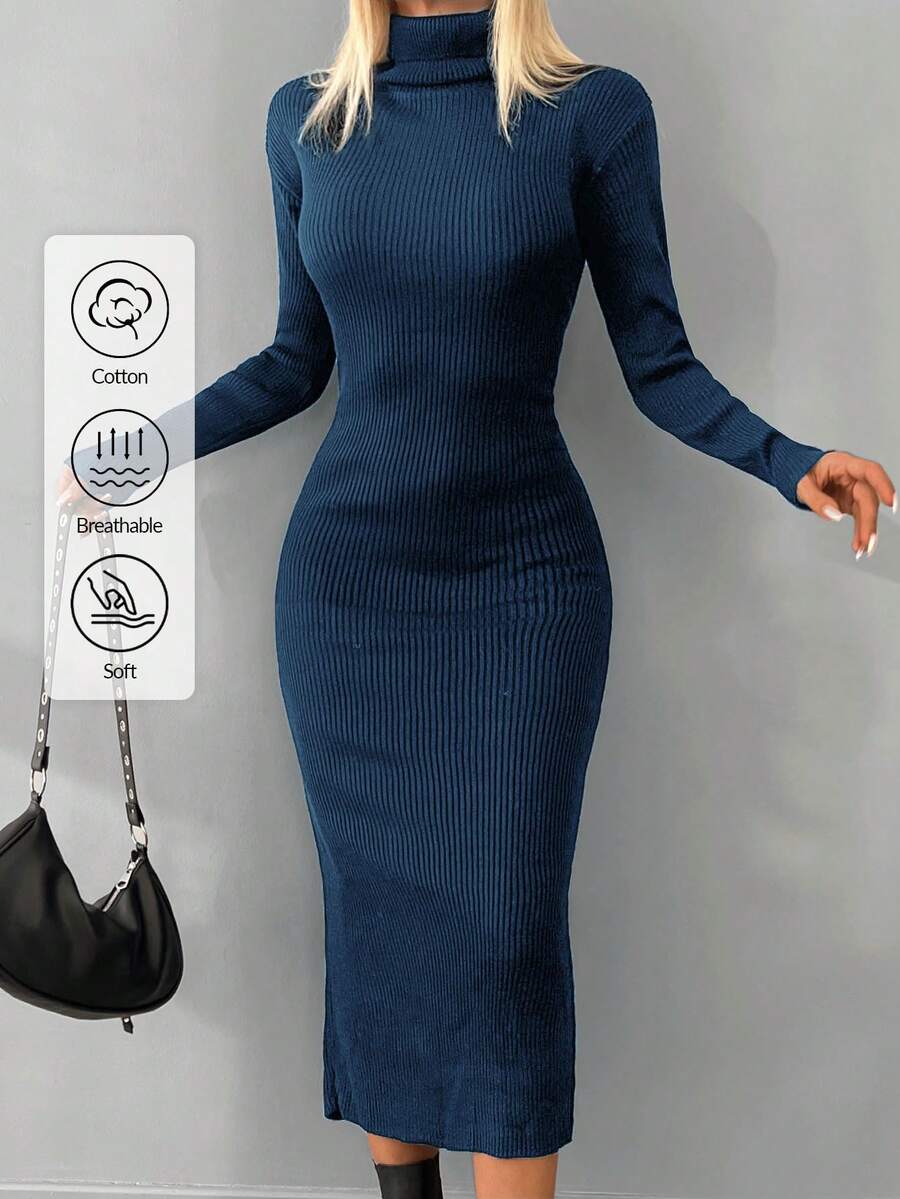 EURMUSE Autumn/Winter Casual Solid Color Turtleneck Fitted Knit Dress - Blue - View 1