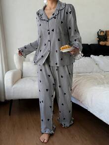 Napfluff CURVE Napfluff CURVE Plus Size Women Mushroom Collar Striped Heart Print Pajama Set - Multicolor - View 5