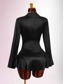 Amplova 巴洛克风格缎面优雅长袖迷你裙套装（女款） - 黑色 - 查看 7