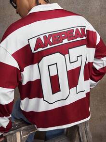 AXEPEAK Casual Street Hip Hop Striped Contrast Color Loose Long Sleeve Men's Polo Shirt - Red - View 5