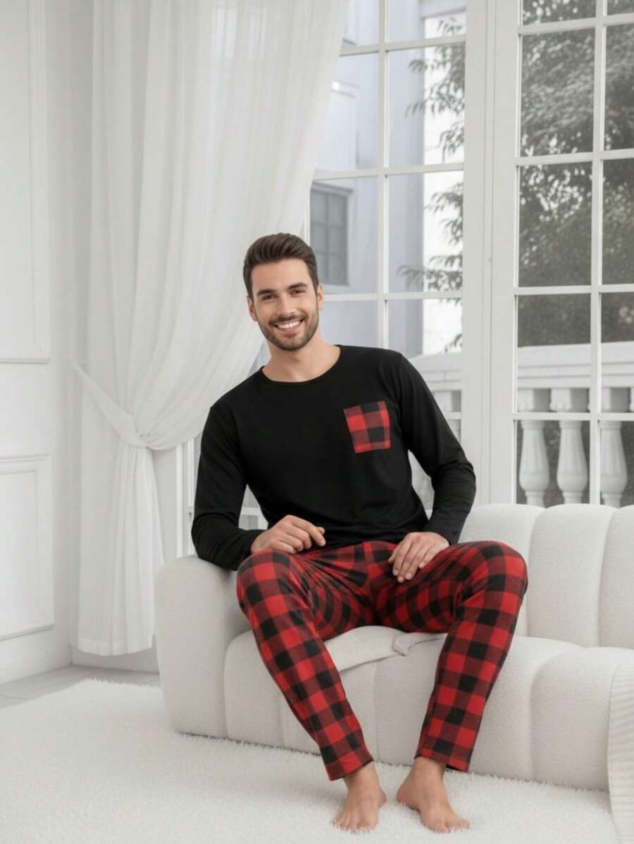 ijama Navideña Familiar o parejas a cuadros de 2 piezas. Pijama Unisex, con pantalón Holgado y Playera de manga larga a juego con pantalón Estampado de cuadros Rojos. Pijama Navideña para dama o caballero de pantalón con playera de manga larga. Textura tipo algodón. Pijama Familiar para Navidad. - Rojo - Ver 1