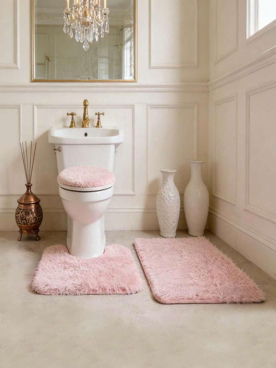 3 Piecesbathroom Carpet Set Includes Bathroom Carpet, Contour Pad, And Toilet Lid, Machine Washable, Ultra Soft Ultra-Fine Fiber And Anti Slip Bathroom Carpet With Anti Slip Backing, Pink - Pink - View 1