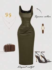 SHEIN MOD Váy da PU cỡ lớn màu nâu dành cho nữ, Váy cocktail dành cho nữ, Váy sinh nhật dành cho nữ, Váy mùa đông, Váy mùa thu, Váy dự tiệc thanh lịch, Váy trang trọng, Váy dạ hội cưới sang trọng - xanh quân đội - Xem 5