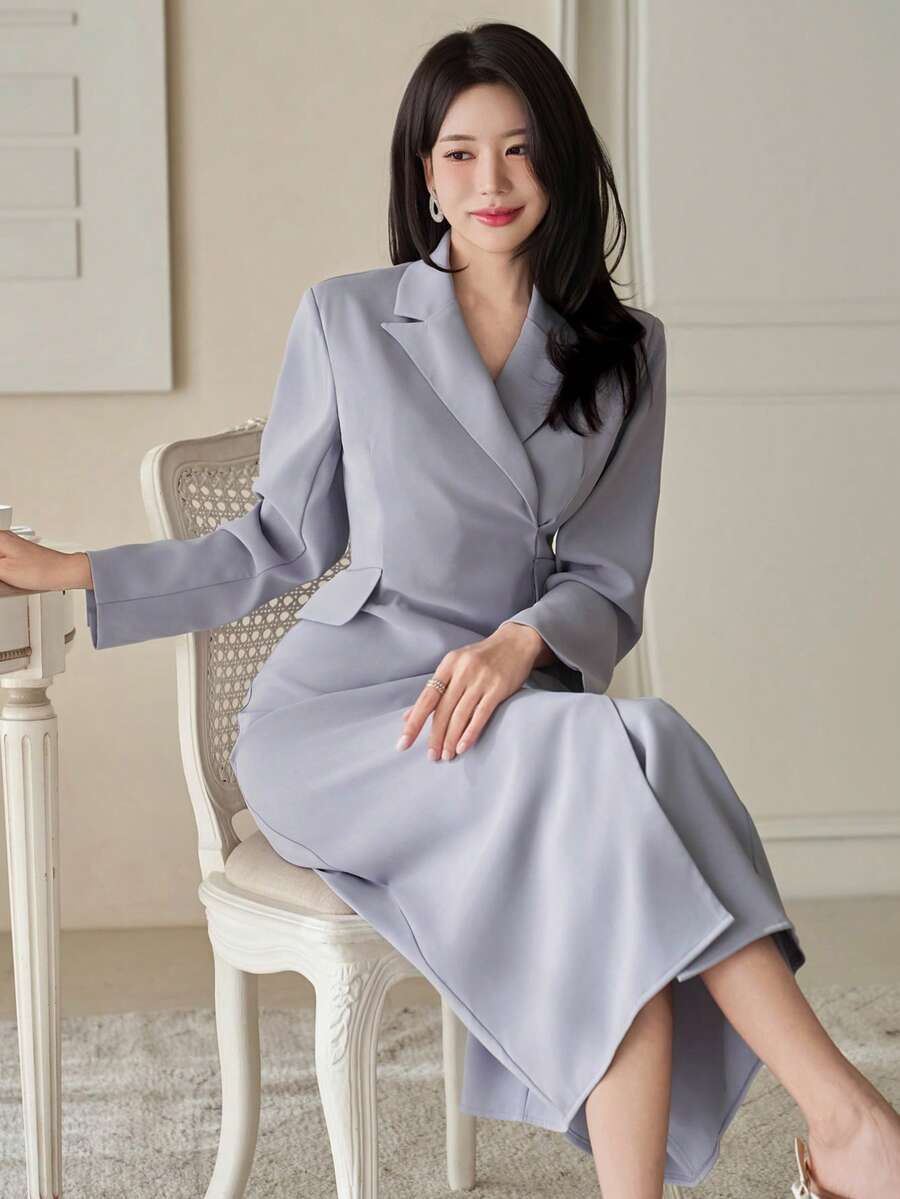 DAZY Vestido largo de unicolor elegante con cuello de blazer y bolsillo falso para mujer, primavera/otoño - Azul - Ver 1