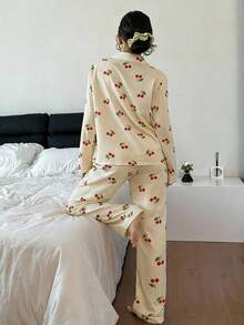 Dream Adore 条纹樱桃印花翻领长袖长裤女士睡衣套装 - 黃色 - 查看 2