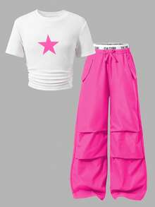 SHEIN 2pcs/Set Tween GirlsAmerican Style Graphic T-Shirt And Casual Cargo Pants Set, Fashion Outfit For Daily, Vacation - Hot Pink - View 3