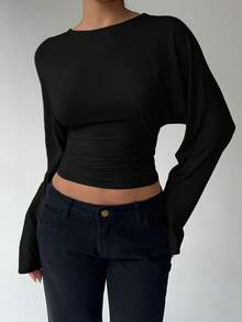 Aloruh 女士休闲纯色收腰T恤，宽松上衣，紧身下装，秋冬款 - 黑色 - 查看 4