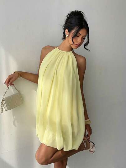 Aloruh Yellow Chiffon Sleeveless Bubble Mini Dress, Elegant Casual Commuter Y2K Style Solid Color Short Dress