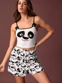 Kung Fu Panda X SHEIN Bộ đồ ngủ nữ in hình gấu trúc, áo croptop không tay và quần short, thích hợp cho mùa hè. - Đen và trắng - Xem 4