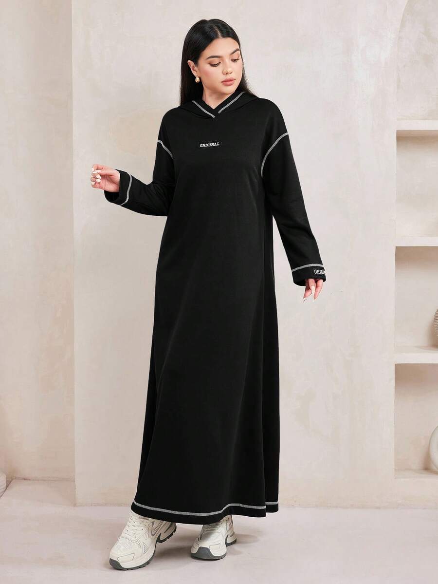 Veilorie Contrast Stripe Letter Print Long Sleeve Hooded Sweatshirt Dress - Black - View 1