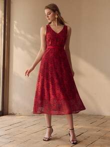 MOTF PREMIUM ROSE FLOWER PRINT MID-LENGTH DRESS - Red - View 7