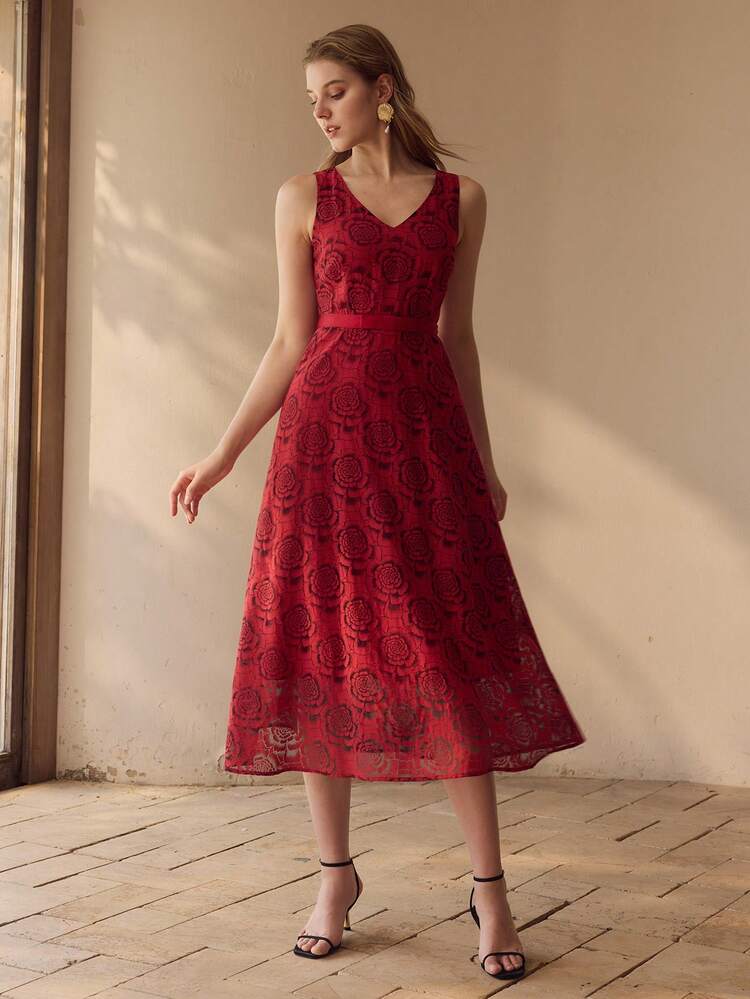 ROSE FLOWER PRINT MID-LENGTH DRESS