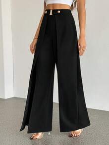 SHEIN Tall Fashionable Commuter High-Waisted Slit Wide-Leg Pants In Black - Brown - View 5
