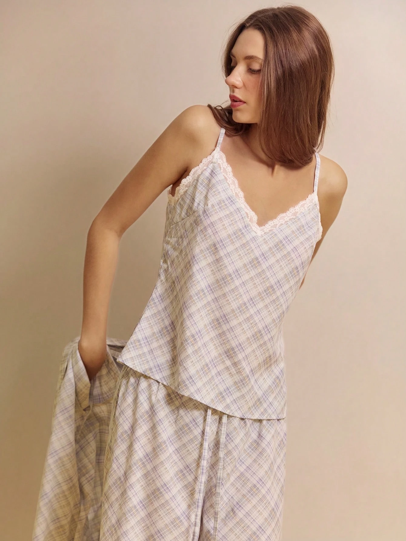 Check Pattern Cami Top With Lace Trim And Matchgin Loose Fit Trouser Pyjama Set Comfy Cute Cosy French Style Parisian Style