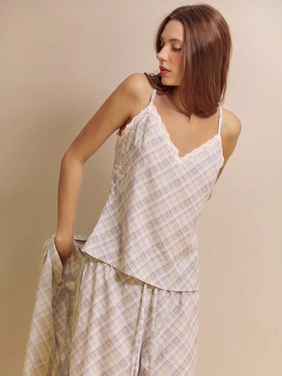 lacRébo Bộ đồ ngủ quần ống rộng họa tiết kẻ caro có viền ren và viền ren thoải mái dễ thương ấm cúng - Nhiều màu - Xem 1
