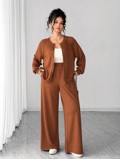 Elenzga Traje casual de chaqueta de manga larga con cremallera y cuello redondo y pantalones de pierna ancha de unicolor para mujer de talla grande