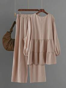 SHEIN Essnce Plus-Size Women's Spring/Summer Fashion Casual Loose Comfortable Everyday Textured Fabric Long-Sleeved Babydoll Shirt And Wide-Leg Pants Khaki Two Pieces Set,Spring Outfits,Pants Set Co Ords Sets Women Comfortable Two Piece Set Modest Two Piece Set Blouse And Pants Set Spring Casual Outfit Women Spring Set For Women - Khaki - View 8