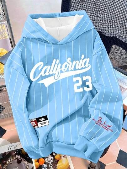 Manfinity Joysei California No.23 Loose Fit Drop Shoulder Hoodie, Striped Contrast Letter Print Pullover Sweatshirt
