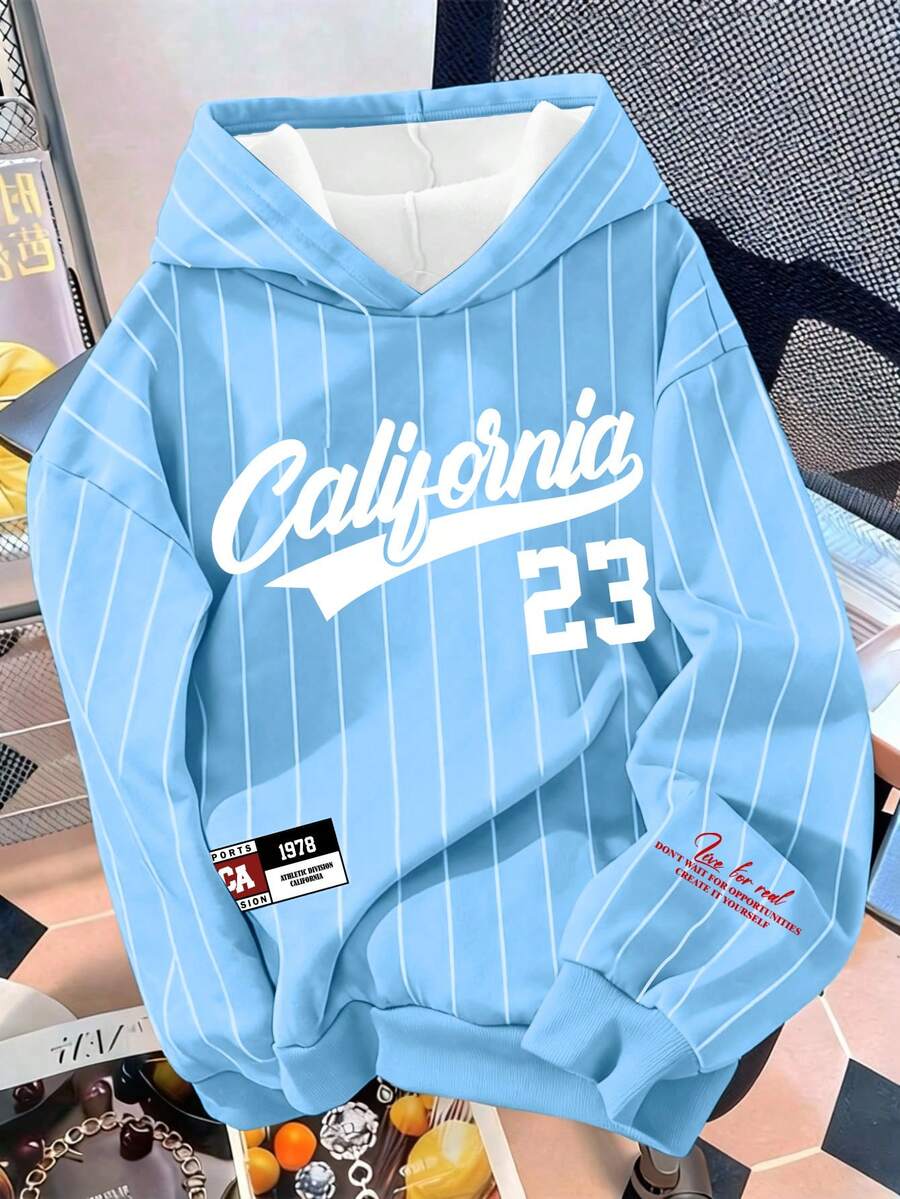 Manfinity Joysei California No.23 宽松落肩连帽衫,条纹撞色字母印花套头卫衣 - 彩色 - 查看 1
