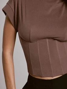 Hauture Women's Sexy Simple Front Boning With Brushed Knit Jersey Daily Top - Brown - View 6