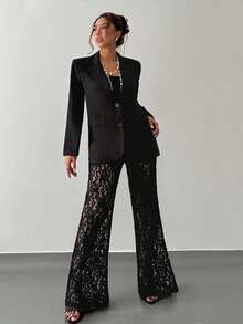 Islaluna 女士优雅宽松垫肩单排扣长袖西装外套及喇叭裤蕾丝裤套装 - 黑色 - 查看 5