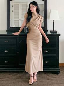 DAZY Women's Mock Neck Wrap Midi Dress - Khaki - View 4