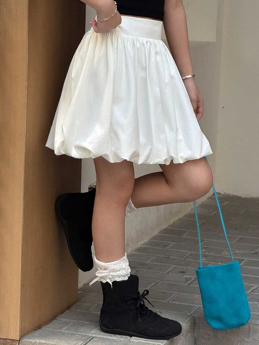 DAZY Tween Girl Solid Color Floral Bud Stylish & Cute Skirt - White - View 1