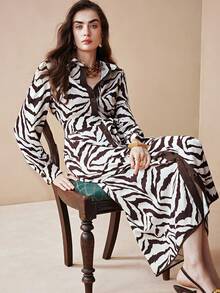 Arave 女士复古条纹翻领衬衫裙，收腰设计，优雅派对礼服 - 黑與白 - 查看 10